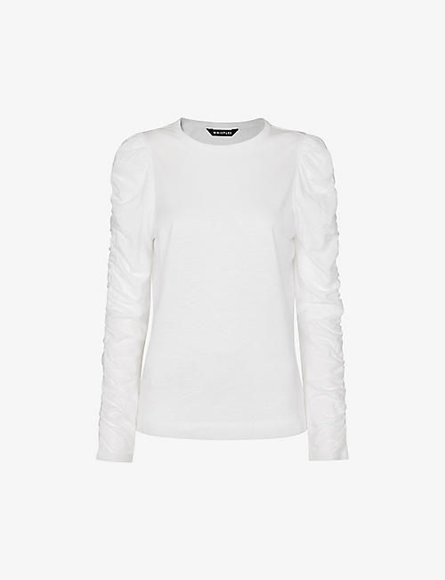 WHISTLES: Round-neck ruched-sleeve cotton-blend top