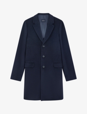 Balibaris Mens Mixed Navy Tancred Straight-cut Single-breasted Wool And Cashmere-blend Coat