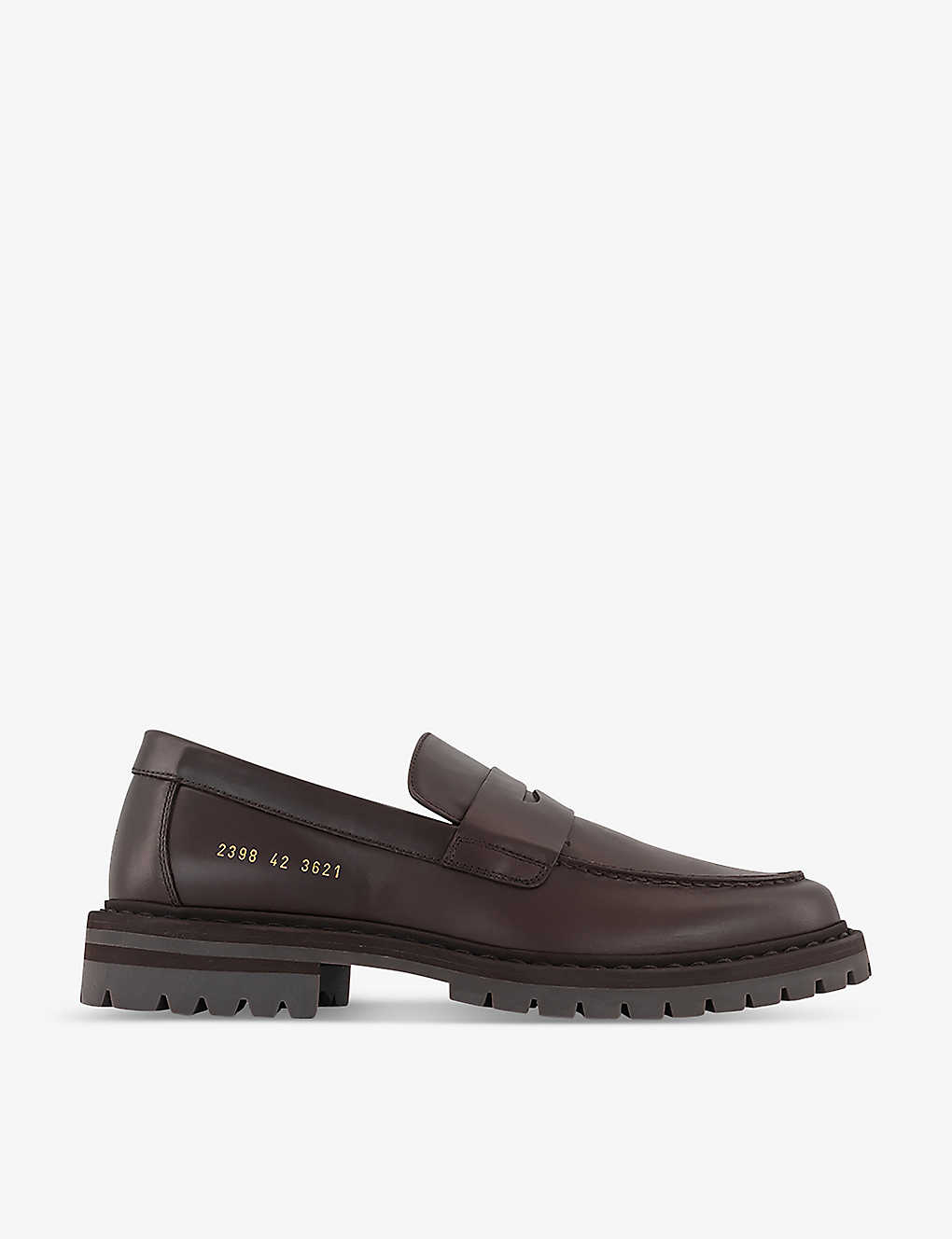 Common Projects Mens Brown Leather Logo-embossed Tread-sole Leather Penny Loafers