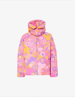 Erl Floral-print Hooded Cotton-blend Twill Down Jacket In Fuchsia