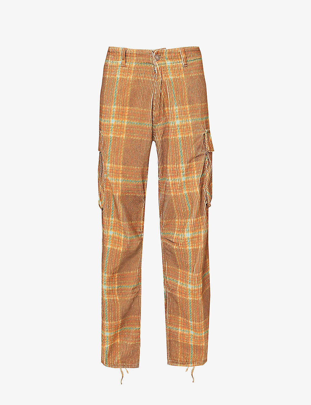 Shop Erl Men's Grey Brown Checked Drawstring-hem Relaxed-fit Straight-leg Cotton-corduroy Cargo Trousers