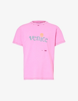 Erl Mens Pink Venice Brand-print Cotton And Linen-blend T-shirt