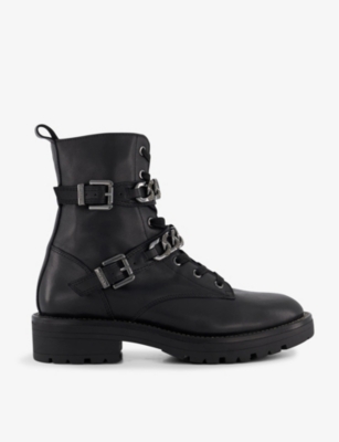 Dune Womens Black-leather Plaza Buckle-embellished Leather Ankle Biker Boots