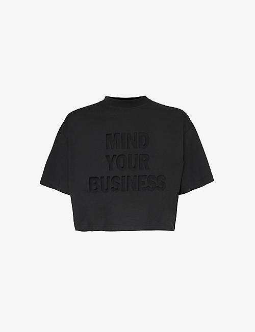 HONEY DIJON: Mind Your Business sheer-text boxy-fit cotton-jersey T-shirt