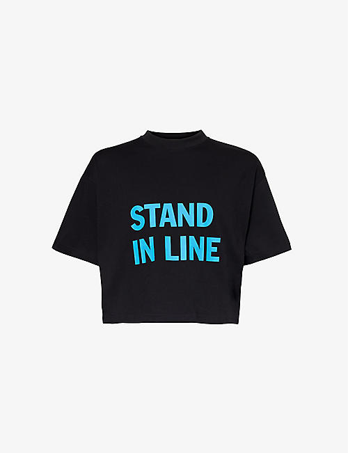 HONEY DIJON: Stand In Line text-print boxy-fit cotton-jersey T-shirt