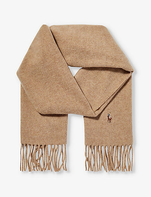 POLO RALPH LAUREN: Logo-embroidered fringed wool scarf