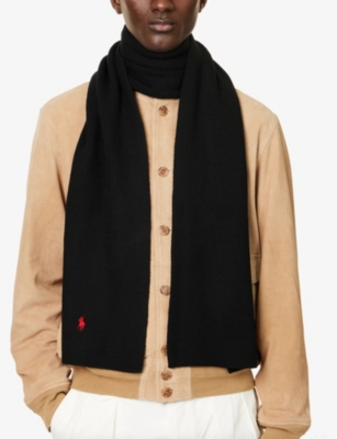 Shop Polo Ralph Lauren Brand-embroidered Ribbed Wool Scarf In Polo Black