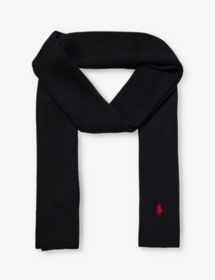 Polo Ralph Lauren Mens Polo Black Brand-embroidered Ribbed Wool Scarf