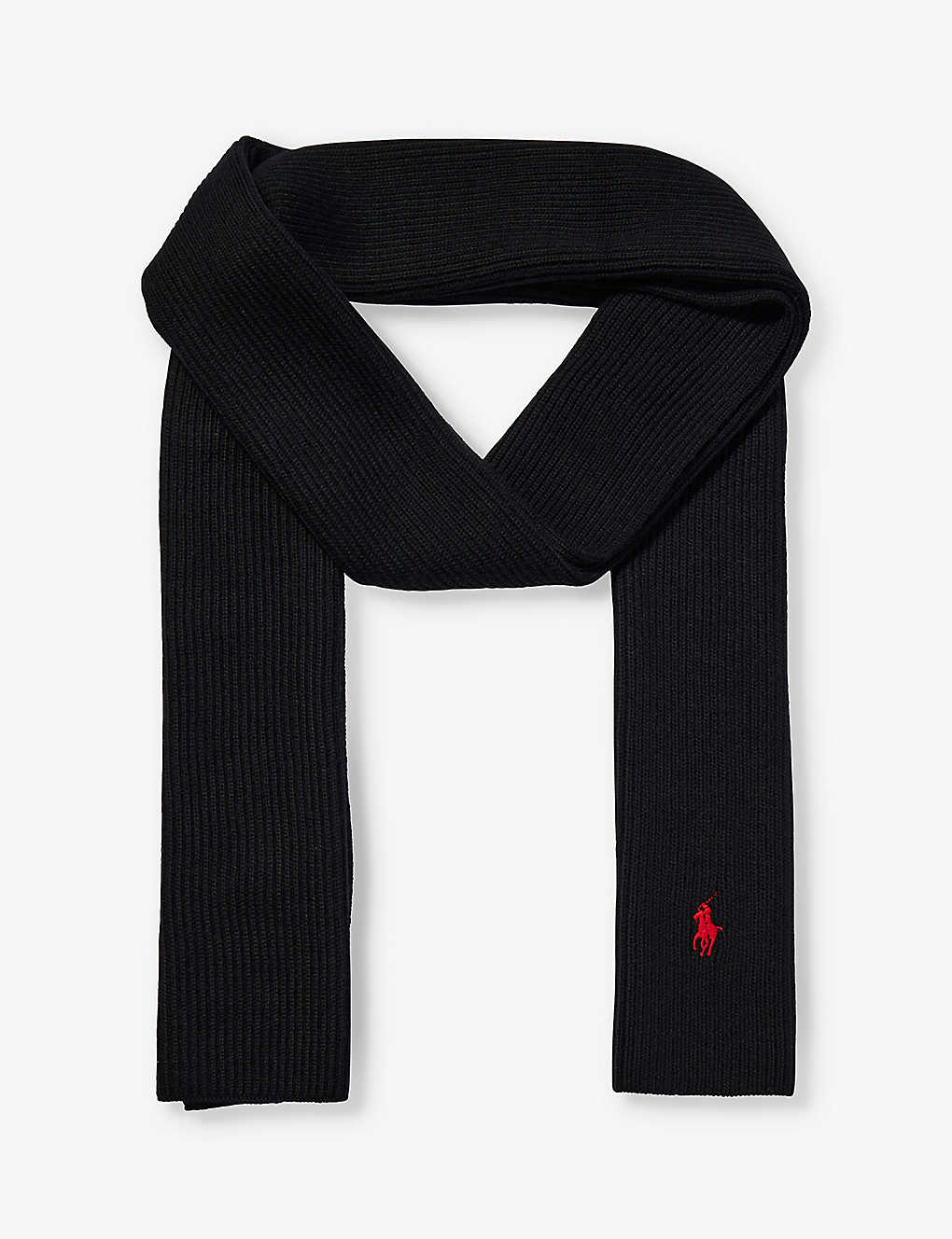 Polo Ralph Lauren Mens Polo Black Brand-embroidered Ribbed Wool Scarf