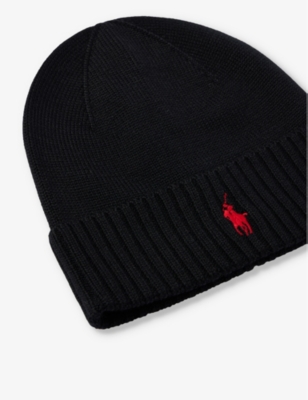 POLO RALPH LAUREN MENS POLO BLACK BRAND-EMBROIDERED FOLDED-BRIM WOOL BEANIE