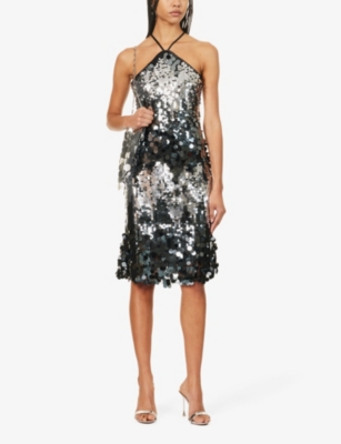 Shop Amy Lynn Sequin-embellished Halterneck Woven Mini Dress In Black/silver