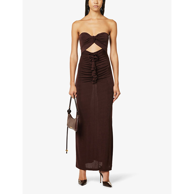 Shop Amy Lynn Bardot-neck Floral-embellished Stretch-woven Maxi Dress In Brown
