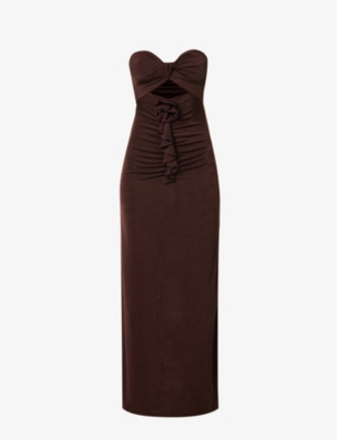 Amy Lynn Bardot-neck Floral-embellished Stretch-woven Maxi Dress In Brown