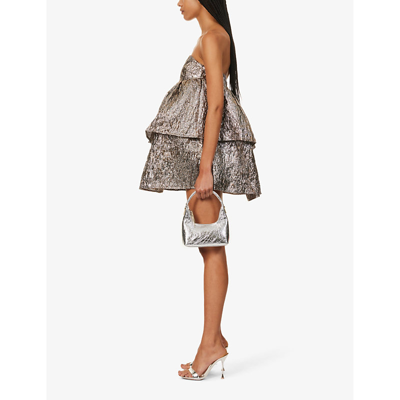 Shop Amy Lynn Women's Black Sara Tiered-hem Metallic-jacquard Woven Mini Dress