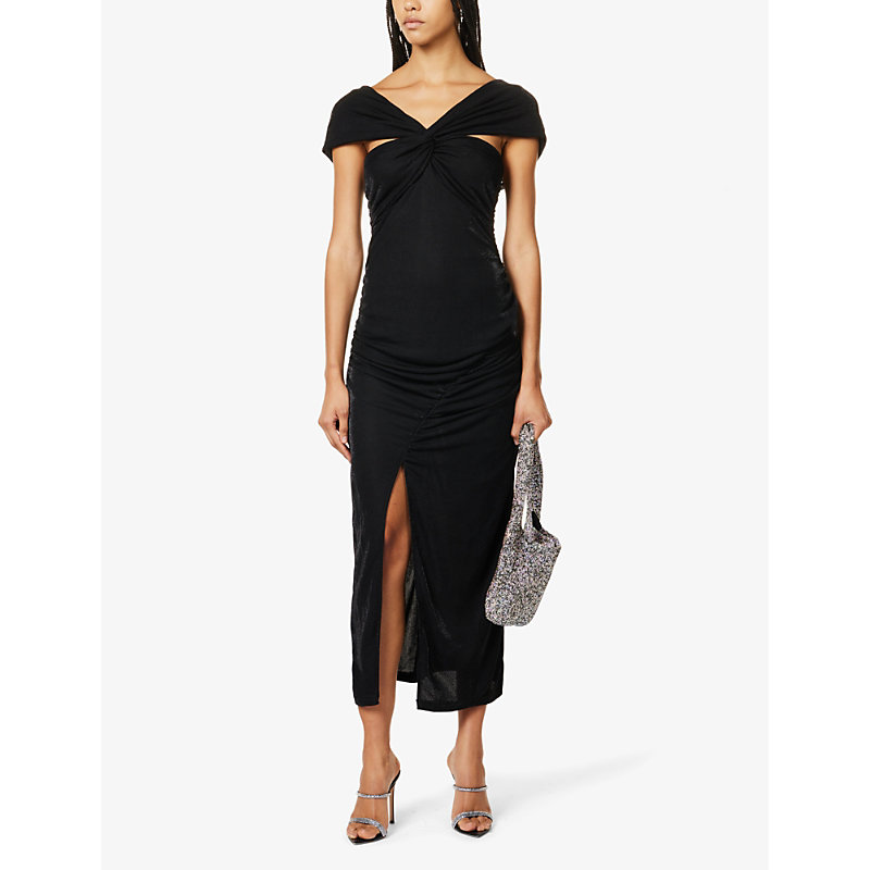 Shop Amy Lynn Women's Black V-neck Split-hem Stretch-woven Midi Dress