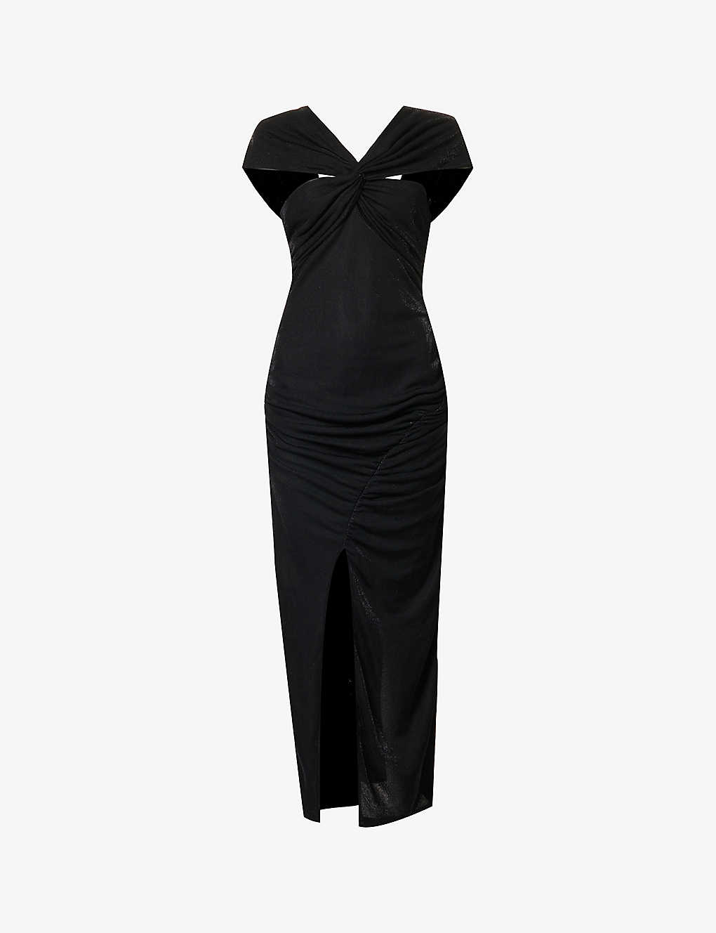 Amy Lynn V-neck Split-hem Stretch-woven Midi Dress In Black