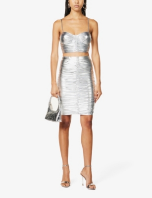 Shop Amy Lynn Metallic-finish Ruched Stretch-woven Midi Skirt In Silver