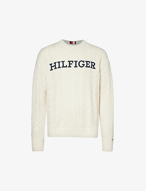 TOMMY HILFIGER: Logo-print cable-knit wool-blend jumper