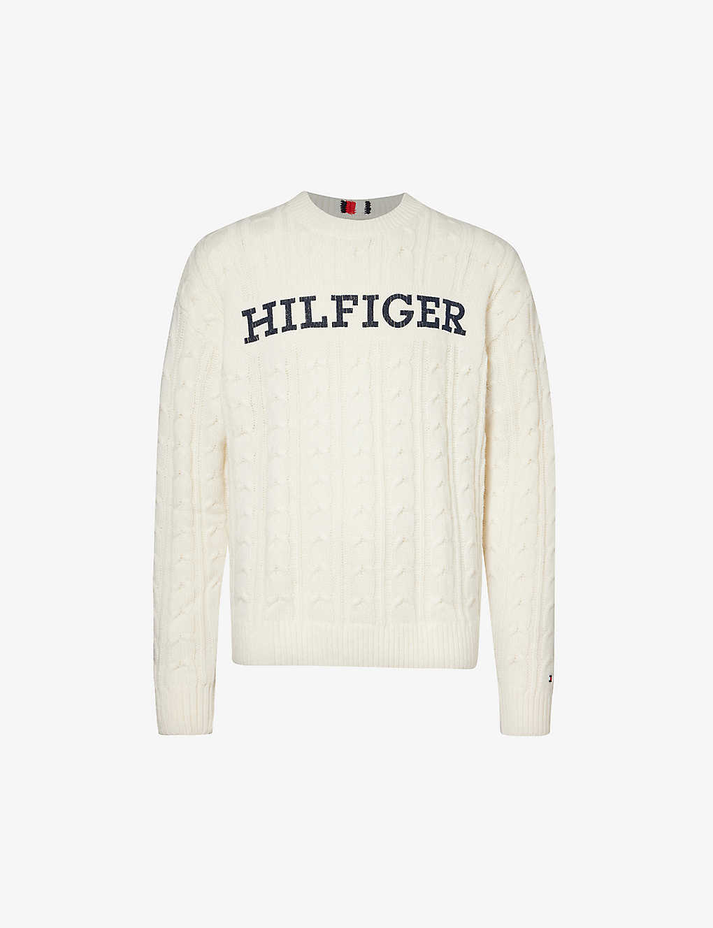 Shop Tommy Hilfiger Men's Ancient Whitedesert Sky Logo-print Cable-knit Wool-blend Jumper In Multi-coloured