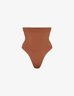 Skims Seamless Sculpt High-rise Stretch-woven Thong In Brown