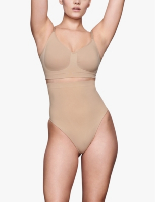 Skims Womens Clay Seamless Sculpt High-rise Stretch-woven Thong In Brown