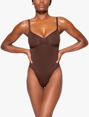 Shop Skims Women's Cocoa Seamless Sculpt High-rise Stretch-woven Thong