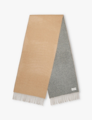 Johnstons Mens Camel Light Grey Fringe-edged Reversible Cashmere Scarf