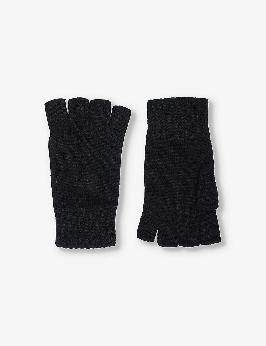 Johnstons Mens Black Fingerless Ribbed Cashmere Gloves