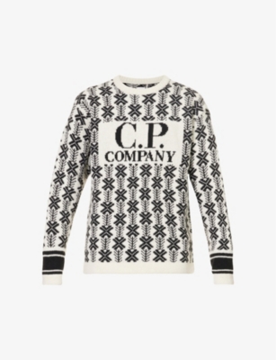 C.P. COMPANY CP COMPANY MEN'S VAR.01 LOGO-INTARSIA GEOMETRIC-PATTERN RELAXED-FIT WOOL JUMPER