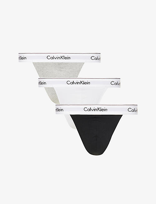 CALVIN KLEIN: Branded-waistband mid-rise pack of three stretch-cotton thongs