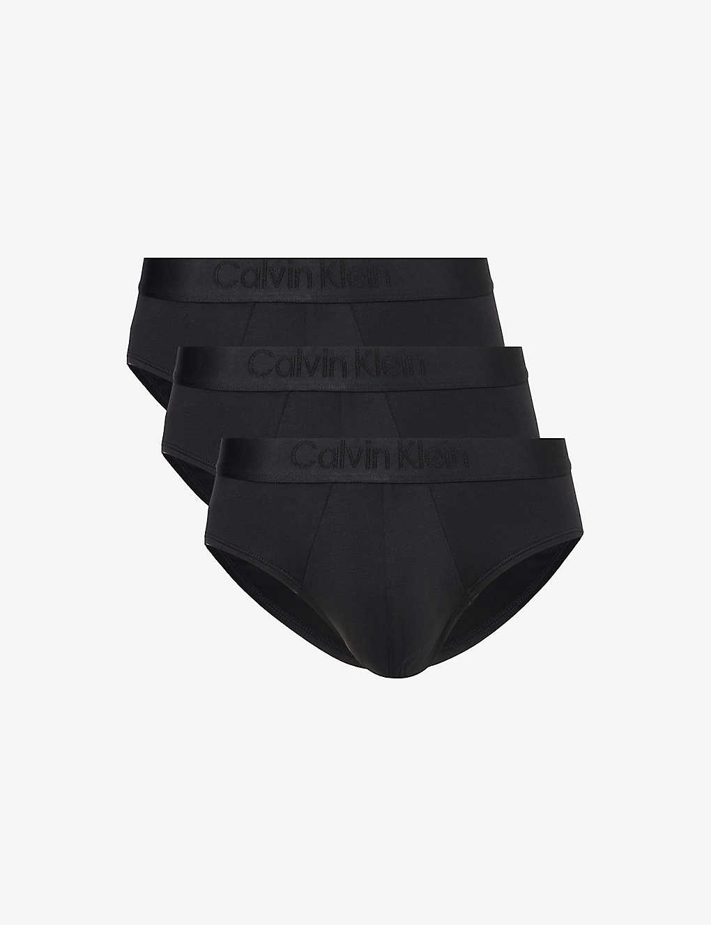 Calvin Klein Mens Black Branded-waistband Mid-rise Pack Of Three Stretch-jersey Briefs