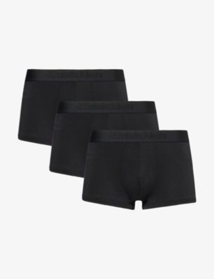 CALVIN KLEIN CALVIN KLEIN MEN'S BLACK BRANDED-WAISTBAND LOW-RISE PACK OF THREE STRETCH-JERSEY TRUNKS