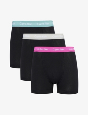 Calvin Klein Mens Black Branded-waistband Mid-rise Pack Of Three Stretch-cotton Trunks