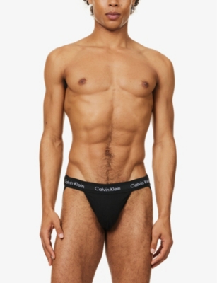 Shop Calvin Klein Men's Black Branded-waistband Pack Of Three Stretch-cotton Jockstraps