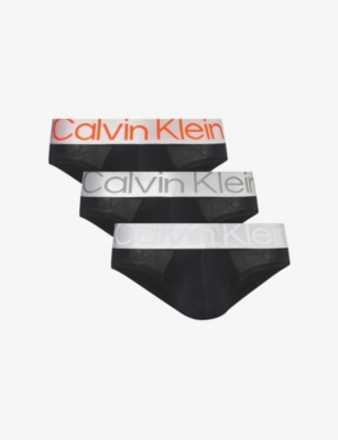 Calvin Klein Mens Black Branded-waistband Mid-rise Pack Of Three Stretch-cotton Briefs