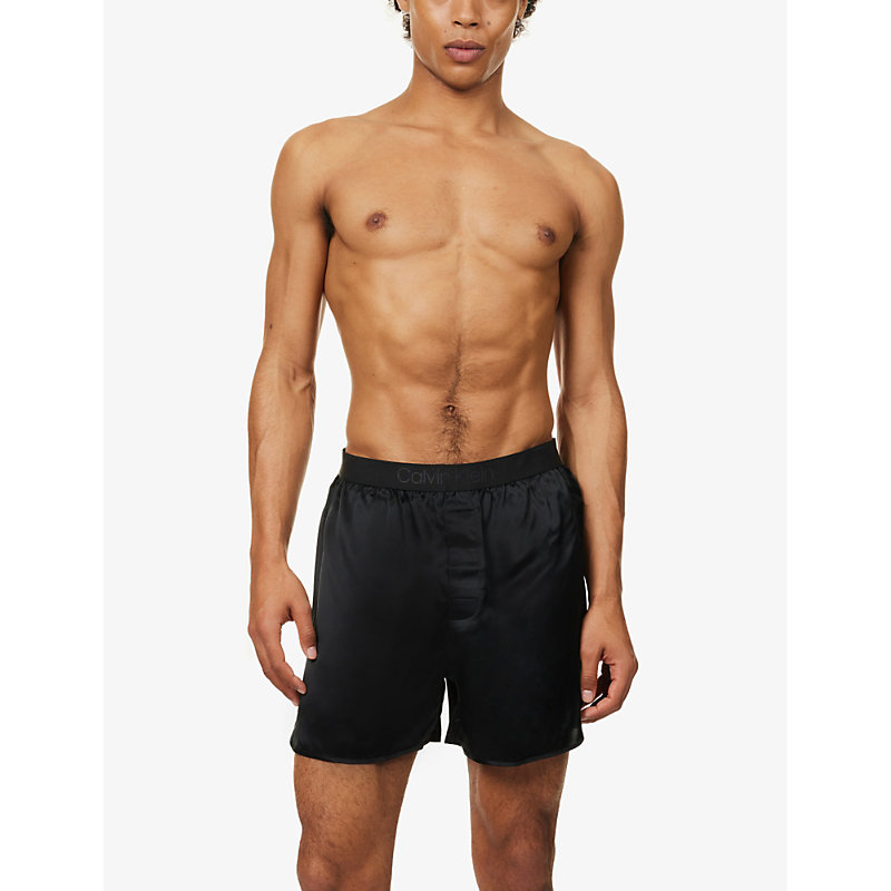 Shop Calvin Klein Men's Black Branded-waistband Mid-rise Silk Boxers