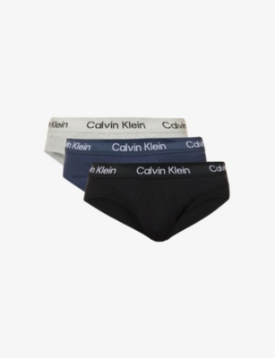 Calvin Klein Mens Blue Multi Branded-waistband Pack Of Three Stretch-cotton Briefs