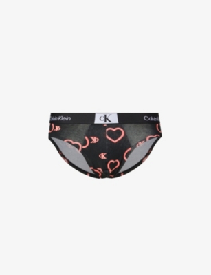 Calvin Klein Mens Neon Heart Black Single Heart Print Branded-waistband Stretch-cotton Blend Briefs