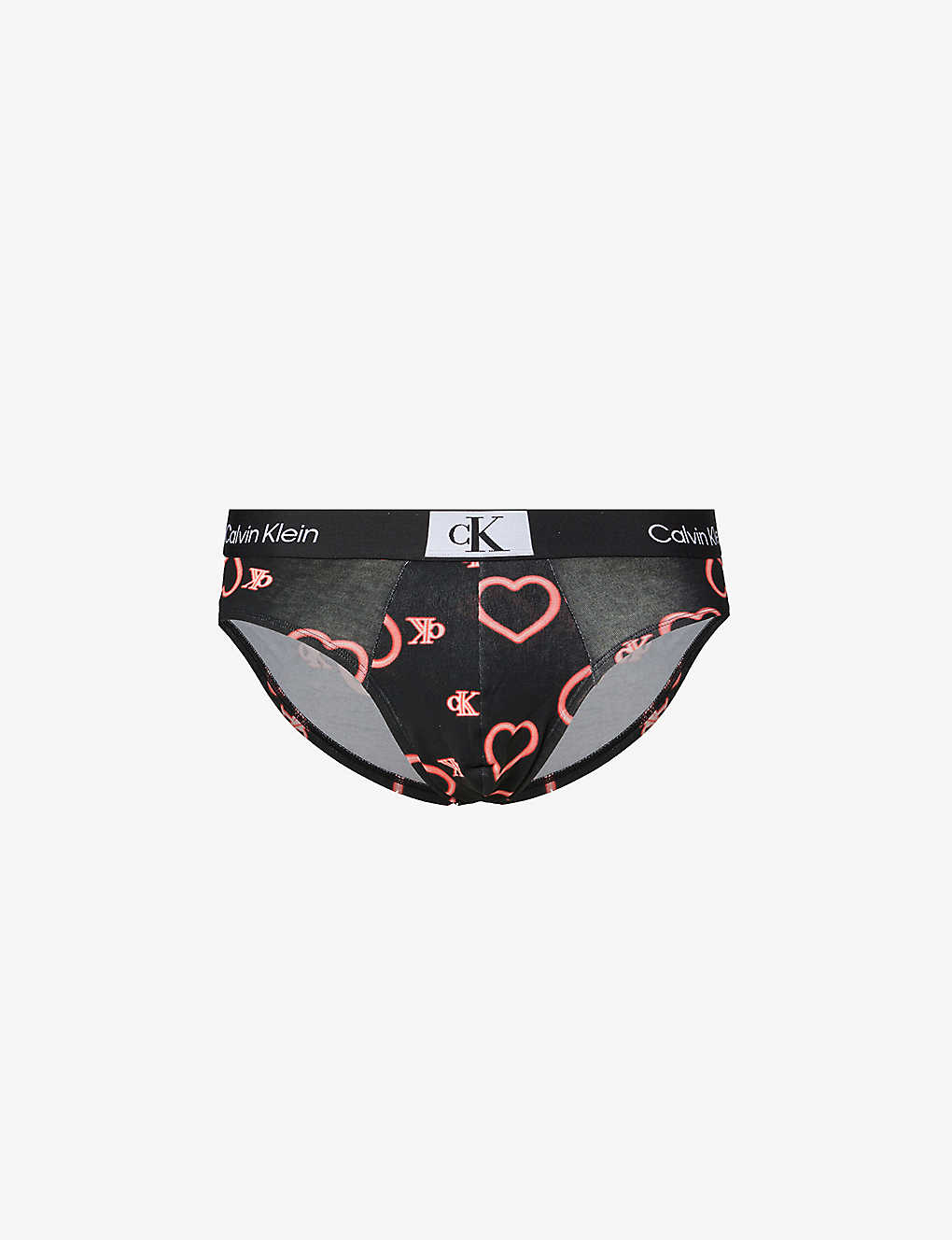 Calvin Klein Mens Neon Heart Black Single Heart Print Branded-waistband Stretch-cotton Blend Briefs