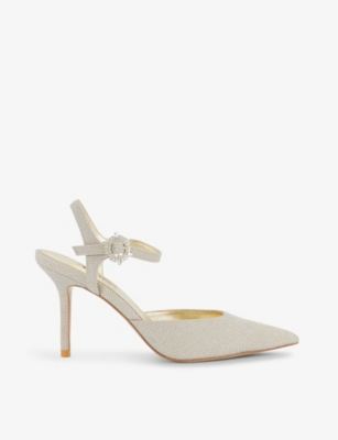 Dune Womens Gold-synthetic Channel Buckle-embellished Woven Heeled Courts