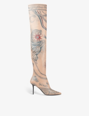 JIMMY CHOO JIMMY CHOO WOMEN'S BEIGE X JEAN PAUL GAULTIER TATTOO-PRINT LEATHER HEELED OVER-THE-KNEE BOOTS