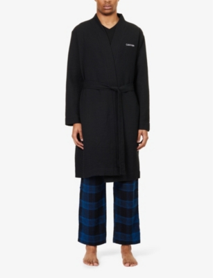 Shop Calvin Klein Men's Black Logo-embroidered Waffle-textured Cotton And Recycled-polyester Robe