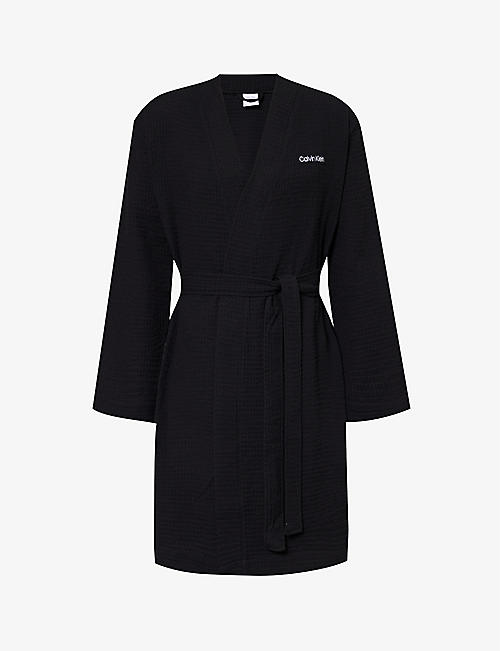 CALVIN KLEIN: Logo-embroidered waffle-textured cotton and recycled-polyester robe
