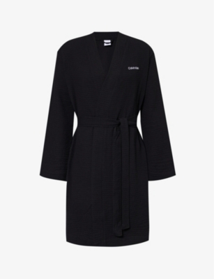 Calvin Klein Mens Black Logo-embroidered Waffle-textured Cotton And Recycled-polyester Dressing Gown