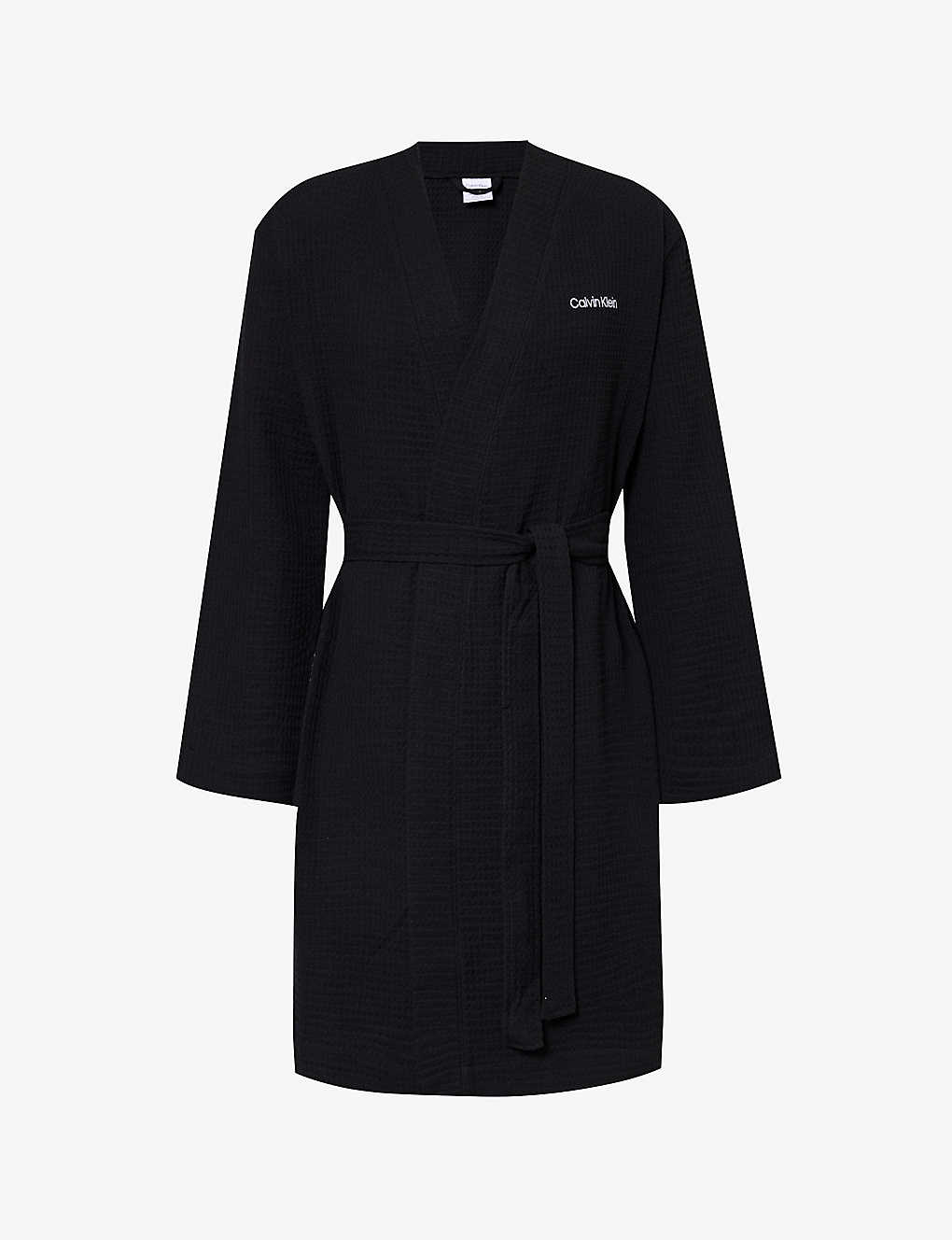Calvin Klein Mens Black Logo-embroidered Waffle-textured Cotton And Recycled-polyester Robe
