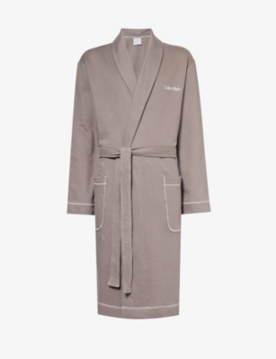 CALVIN KLEIN: Shawl-neck brand-embroidered cotton-jersey robe