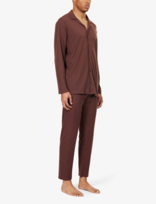 Shop Calvin Klein Mens Deep Mahogany Camp-collar Relaxed-fit Stretch Cotton-blend Pyjama Set In Brown