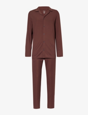 Calvin Klein Mens Deep Mahogany Camp-collar Relaxed-fit Stretch Cotton-blend Pyjama Set In Brown