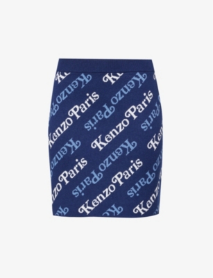 Shop Kenzo Women's Midnight Blue X Verdy Brand-print Cotton-blend Mini Skirt