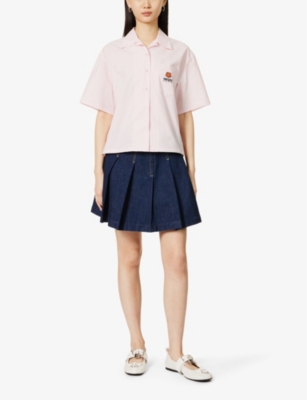 Shop Kenzo Womens Rinse Blue Denim Logo-patch Pleated Denim Mini Skirt